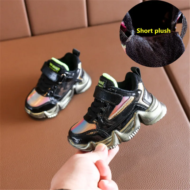 Black gold DIMI Winter Children Shoes Boys Girls Sport Shoes Short Plush Baby Sneakers Waterproof Non-slip Warm Kids Shoes Size 21-25 - Цвет: Black gold