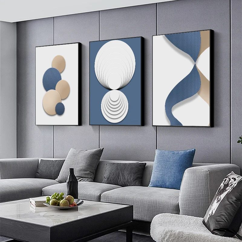 

Blue White Gold Geometric Abstract Poster Wall Art Canvas Painting Nordic Print Wall Pictures for Modern Living Room Decoration