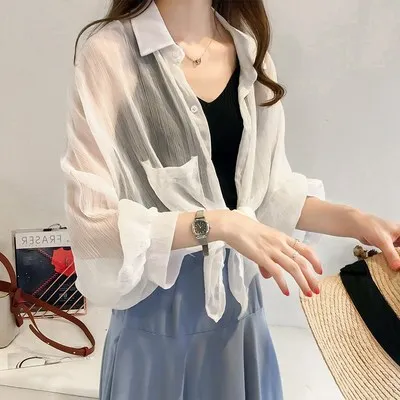 

Zoulv 2021 Plus Size Loose Blusas Cardigan Sun Protection Shirt Shirt Full Striped Top Collar Lantern Sleeve Office Lady Blouses