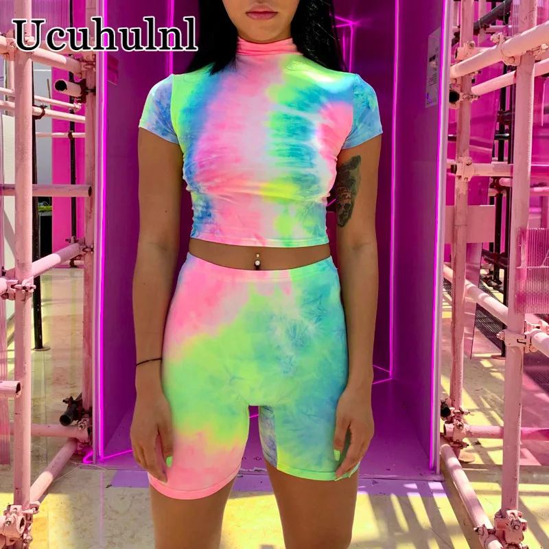 Women Rainbow Fitness Clothing Suit Two Piece Sportswear Short Pants Suits Crop Top Skinny Fluorescent Shorts Legging Tracksuit |