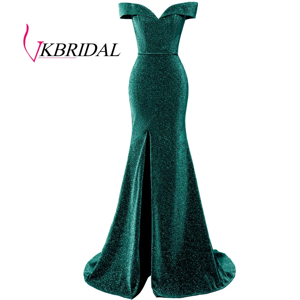 Зеленый VKBRIDAL серое вечернее платье с открытыми плечами сексуальное блестящее платье с разрезом для выпускного вечера - Цвет: Зеленый