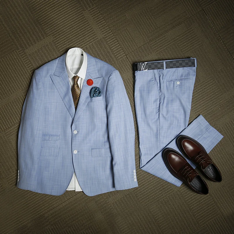 

XM GEEKI Men's Causal Suit Jackets Mans Wedding Dresses Two-piece Light Blue Suits British Style Jackets Suit Blazers 365tz63