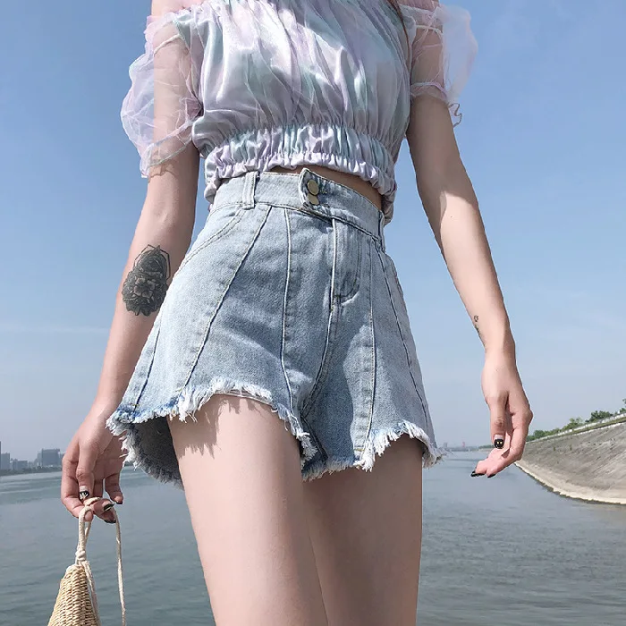 

WFF High Waisted Jeans Shorts Women's 2021 New Summer Korean Version Loose And Thin Light Color Retro Hot Pants Y2k Ripped Jeans