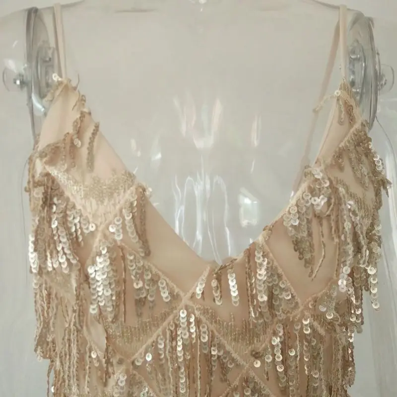 Женское платье без рукавов в стиле Блестки Украшенные бахромой 1920s v-образным