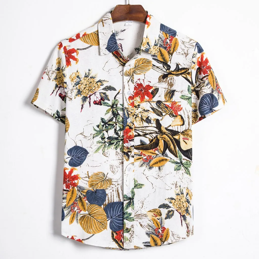

Mens Ethnic Short Sleeve Casual Cotton Linen Printing Hawaiian Shirt Blouse Couple Loose Fit Hawaii Vintage Camisa Hombre