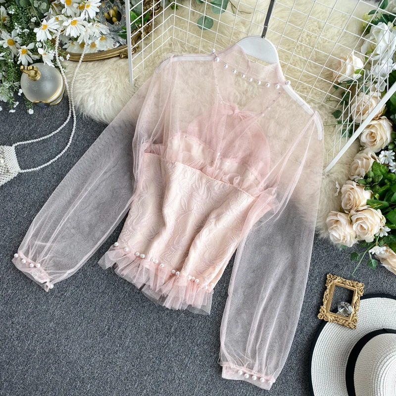 Women Elegant Lace Shirt New Pearl Bow Neck Mesh Perspective Long Sleeve Blouse Spring 2020 K899 | Женская одежда