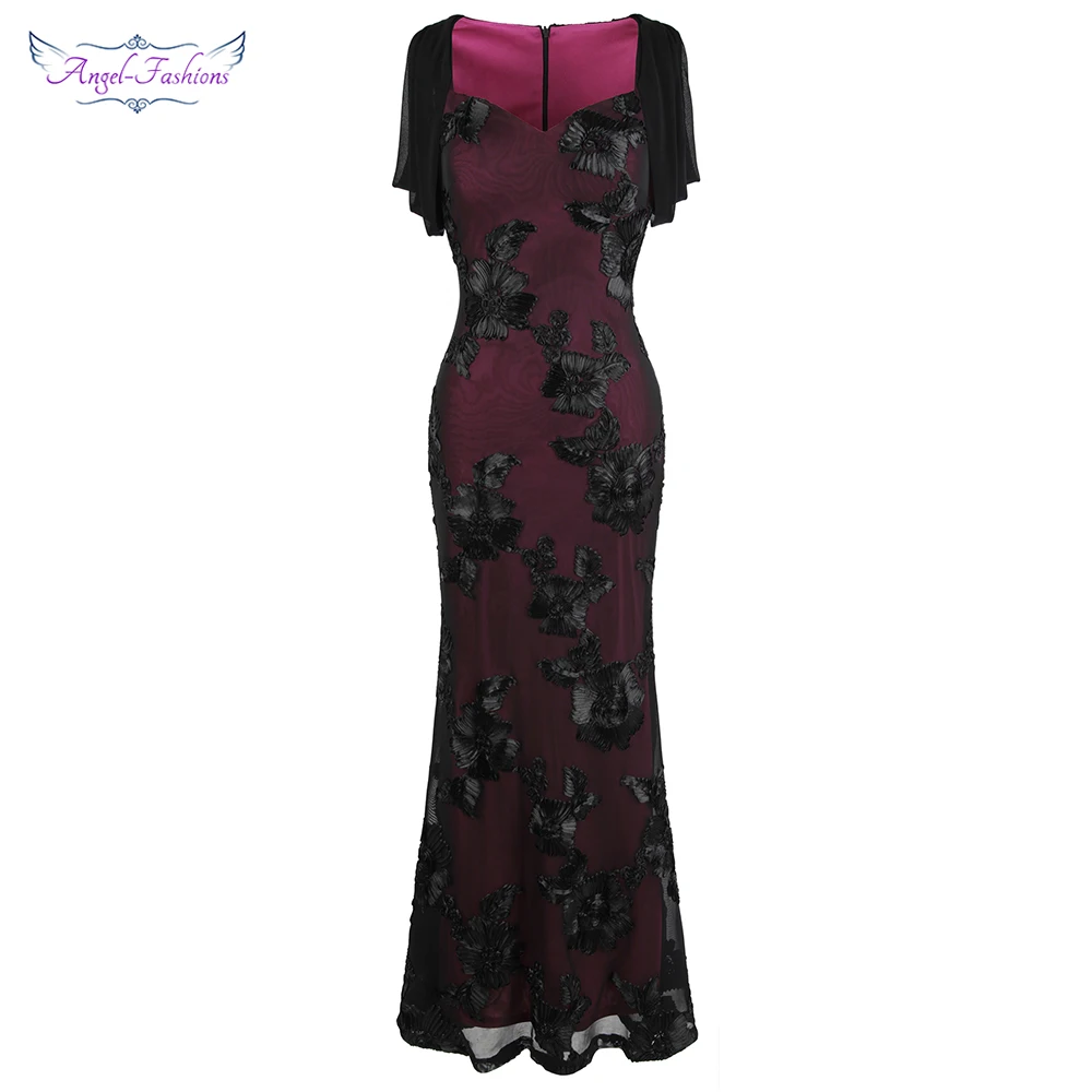Женское длинное вечернее платье Angel fashions Бордовое с цветочной вышивкой и вырезом