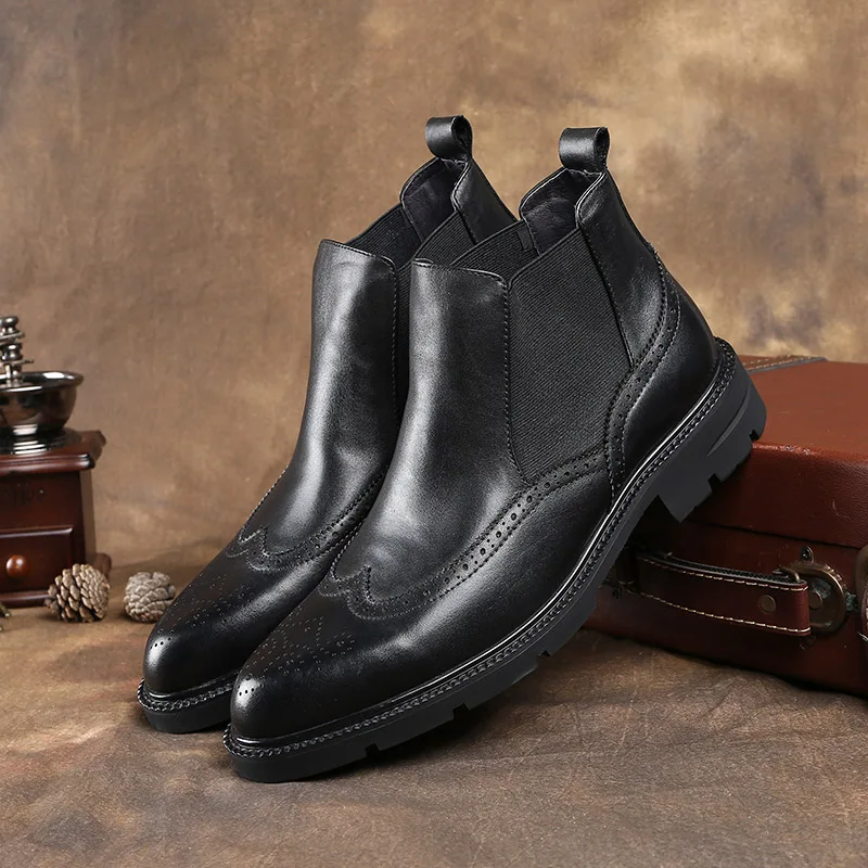 Модные черные/коричневые классические ботинки мужские челси из натуральной кожи