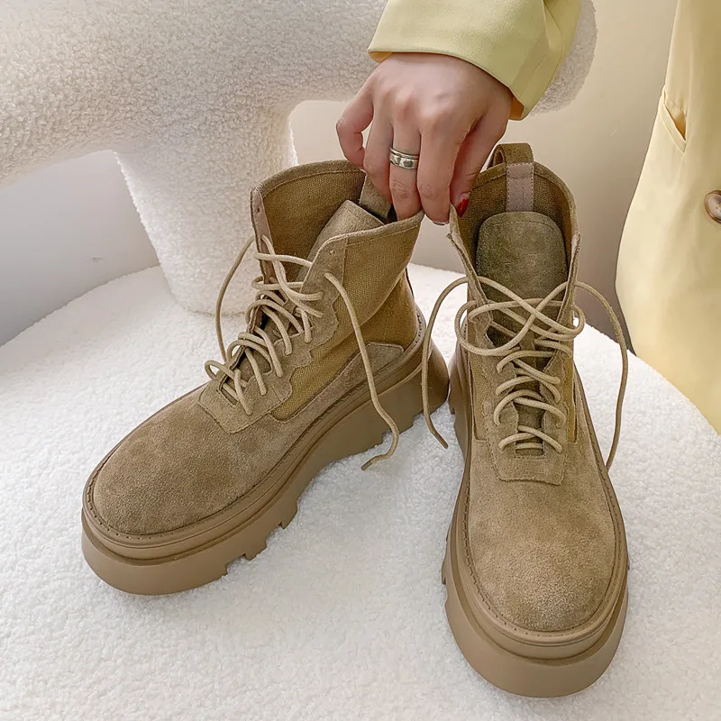 

MKKHOU Fashion Short Boots Women New Retro Leather Lace-up Platform Boots Martin Boots Ladies All-Match Casual Outdoor Boots