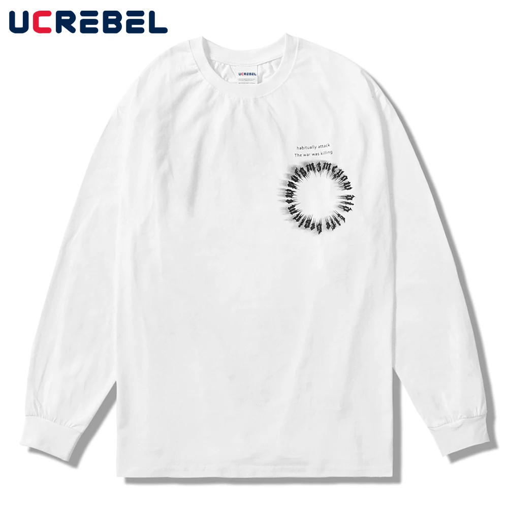 

Letter Print Long Sleeve T-shirt Mens High Street Distressed Loose Casual Crew Neck Cotton Tee Men