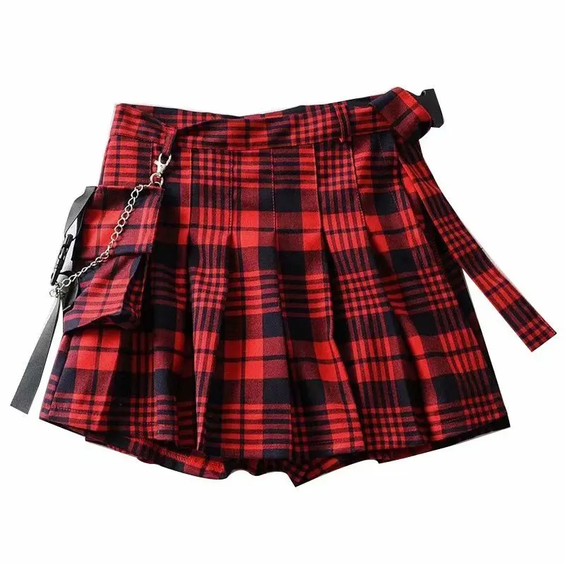 

High Waist skirt Gothic Punk Harajuku Women Short Skirt Casual plaid Pleated Red Plaid Shorts Skirts
