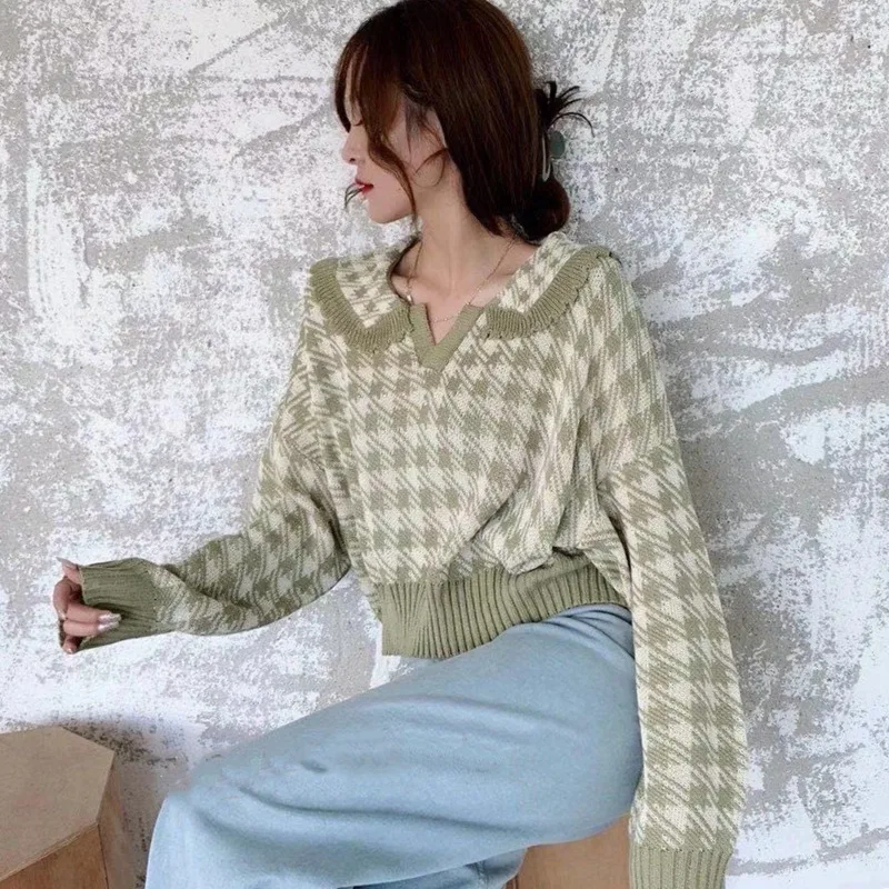 

Vintage Geometric Knitted Sweater Women England Houndstooth Cashmere Pullovers Autumn Turn-down Collar female jumper Short Tops