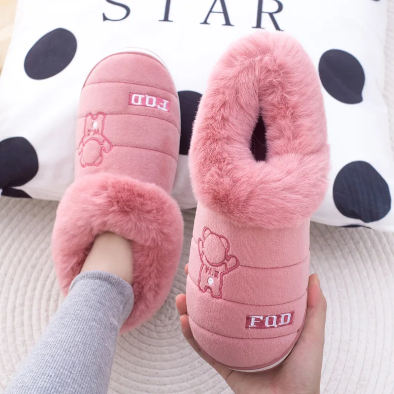 

Winter Women's Fluffy Plush Slippers Cute Cartoon Slippers Couple Bedroom Slippers Non-slip Warm Home Men's Flat Slippers