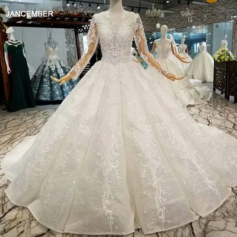 LS854141 свадебное платье с круглым вырезом и длинными рукавами из тюля блестками 2020