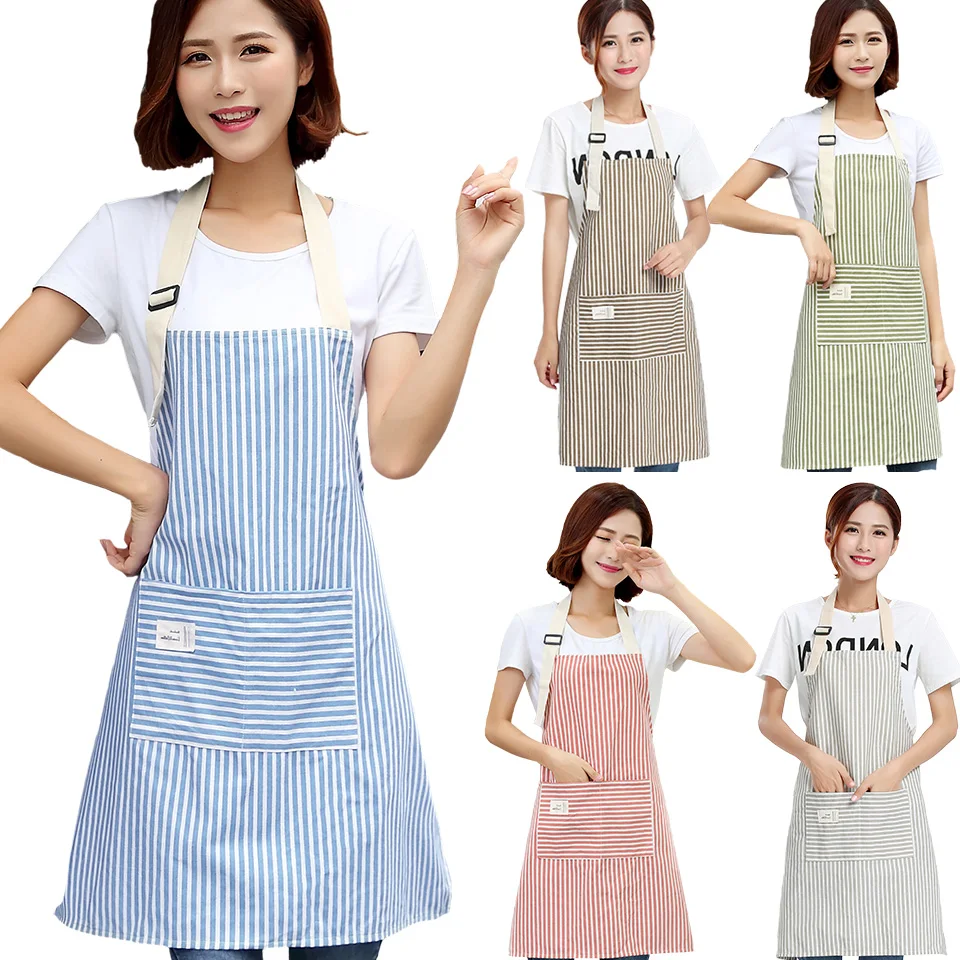 

Brief Adjustable Cotton Linen Stripe Kitchen Apron For Women Chef Apron Baking Accessories Commercial Restaurant Bib