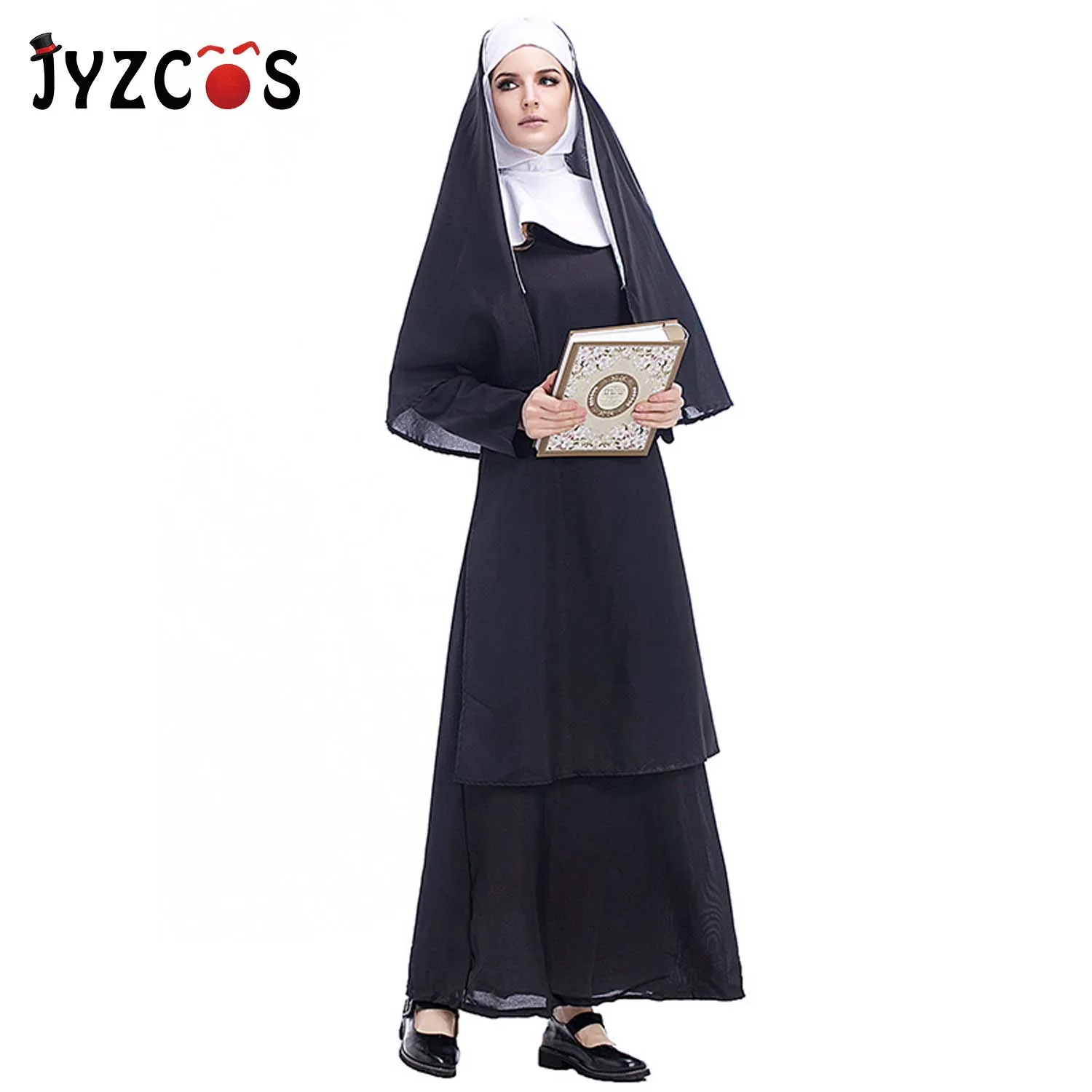 JYZCOS Virgin Mary Nun Cosplay Costumes Adult Long Black Scary Nuns Ghost Clothes Uniform Halloween Party Horror Latex Props |