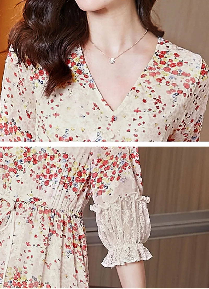 

2021 summer Printed Chiffon Dress Casual Elegant women three quarter Sleeve V-Neck Floral A-Line Party Dresses Vestidos