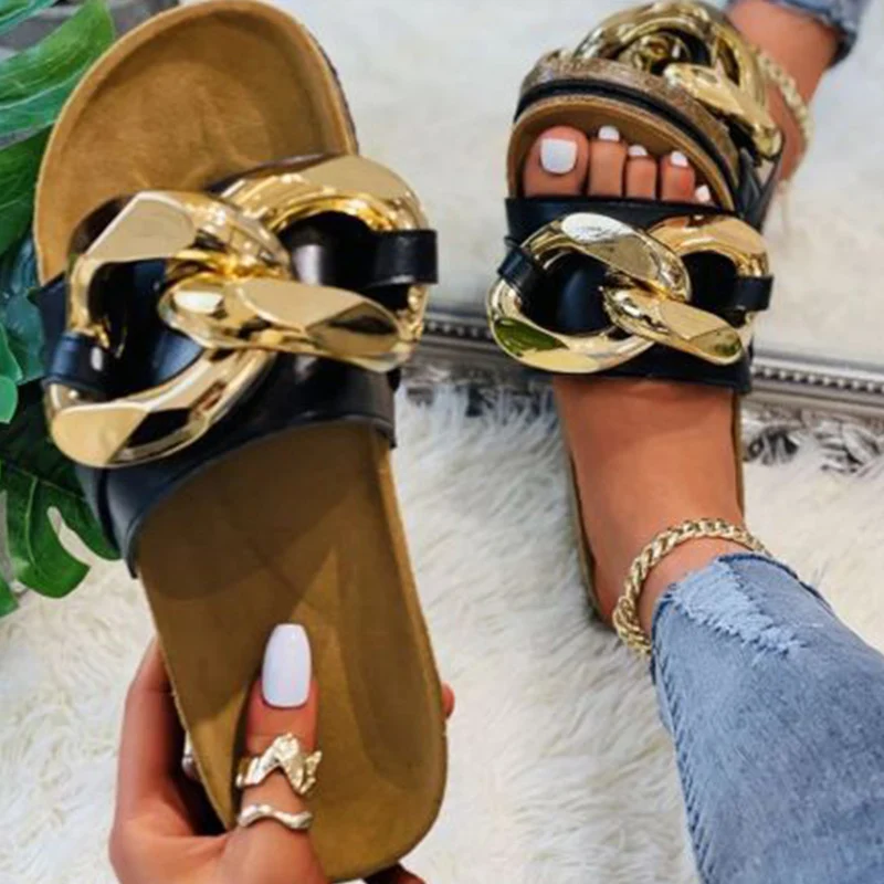 

Hot Sale Women sandals Metal Thick Chain Lazy Shoes Leather Flat Women slippers Soft Cozy Large size zapatillas mujer