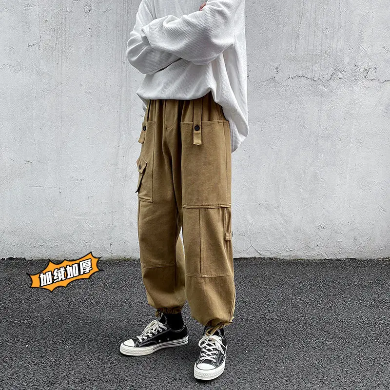 

2020 Men's Oversized Thicken Plush Trousers Vintage Loose Cargo Casual Pants Streetwear Black/khaki Joggers Sweatpants M-5XL