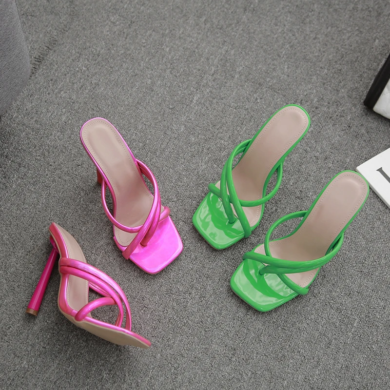 

WETKISS 2021 New Women PU Slippers Thin High Heels Sandals Square Open Toe Cross Tied Sandals Soft Flip Flop Shoes Plus Size 42