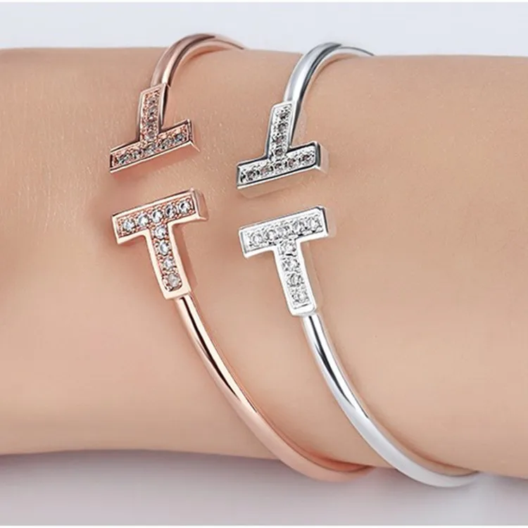 

European and American simple design double T bracelet T word inlaid zircon open bracelet fashion rose gold bracelet women