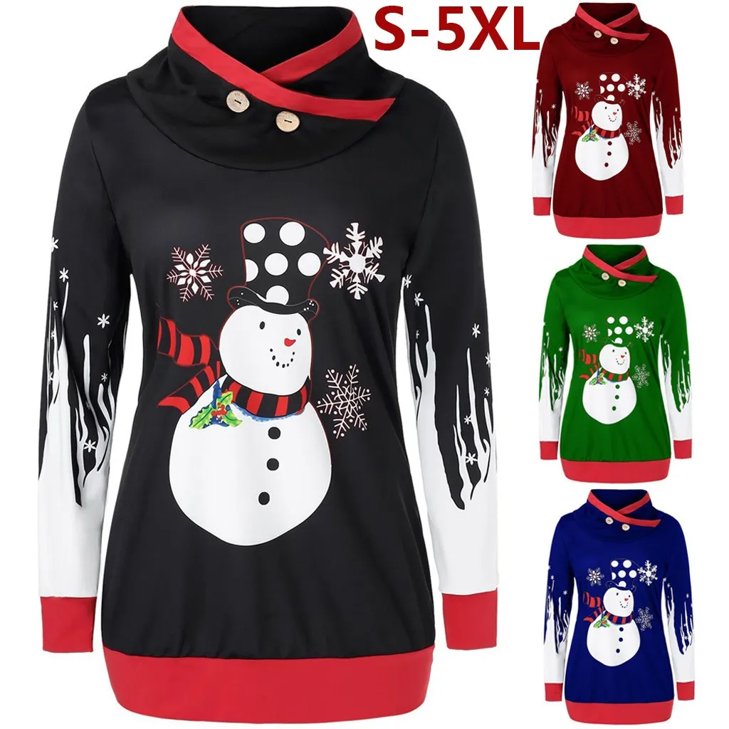 Рождественский свитшот Модный женский пуловер с воротником хомутом и пуговицами