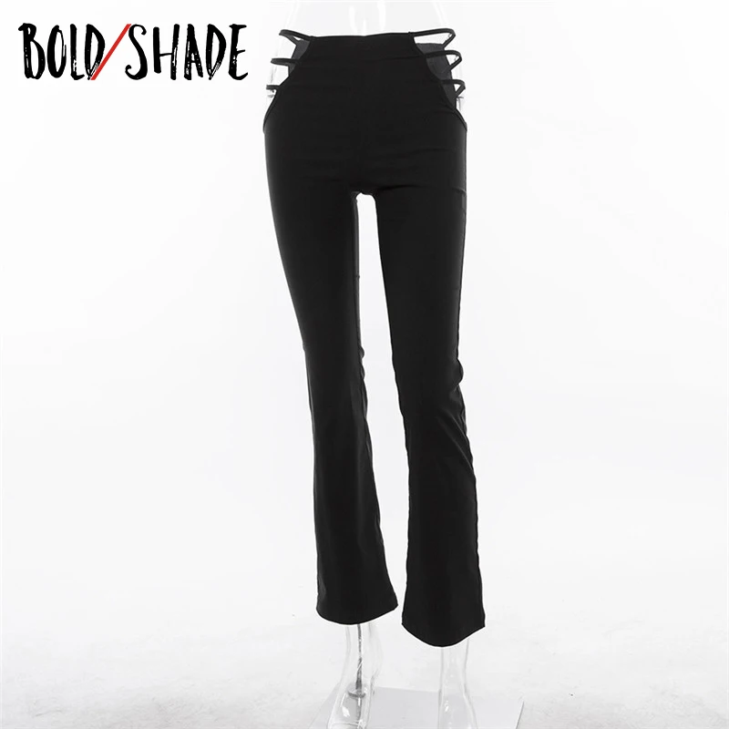 

Bold Shade Skater Style Grunge Boot Cut Pants Black Hollow Out Waist Skinny Causal Women Trousers Streetwear 90s Y2K Pants 2021