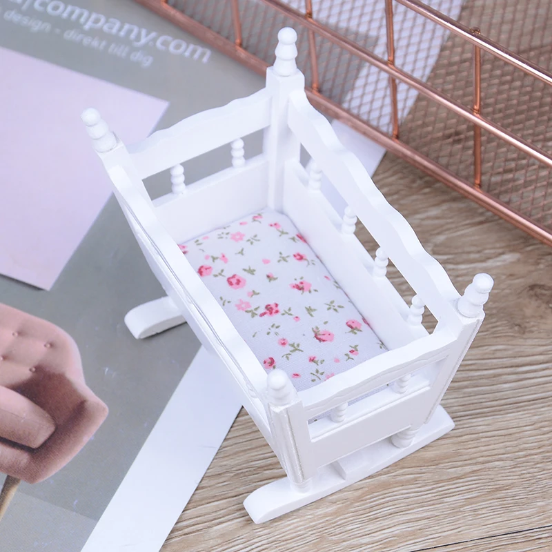 

1:12 Doll House miniature handmade modern White wooden furniture crib baby cradle children room