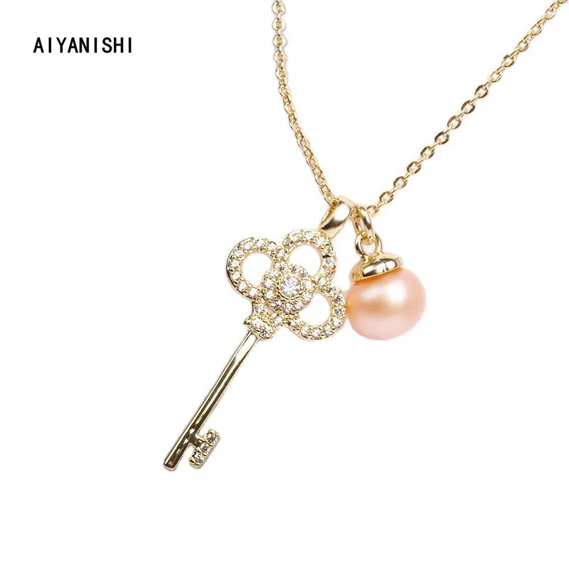 

Женское винтажное ожерелье AIYANISHI, ожерелье из натурального пресноводного жемчуга 18 карат, колье с подвеской в виде ключа и жемчуга для сваде...