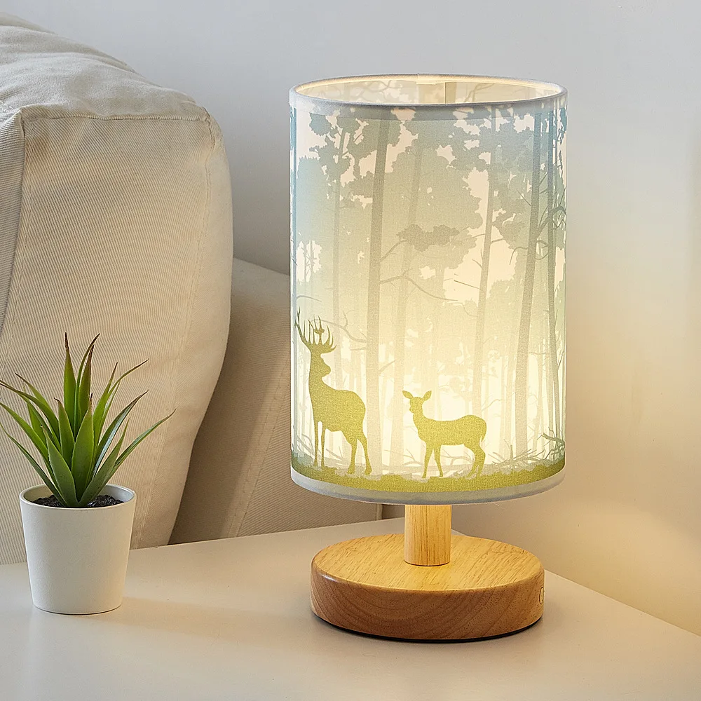 Enlarge Night Light Simple Fabric Table Lamp Dimmable Linen Table Lamps USB Powered Energy-saving Wooden Warm Light Ambient Desk Lamp