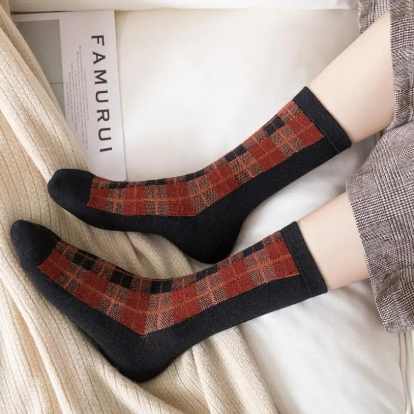 Women Solid Plaid Cotton Socks Girls Black Base Checks Ankle Socks Mustard Plaid Socks Black White Plaid Socks 6 pairs/lot