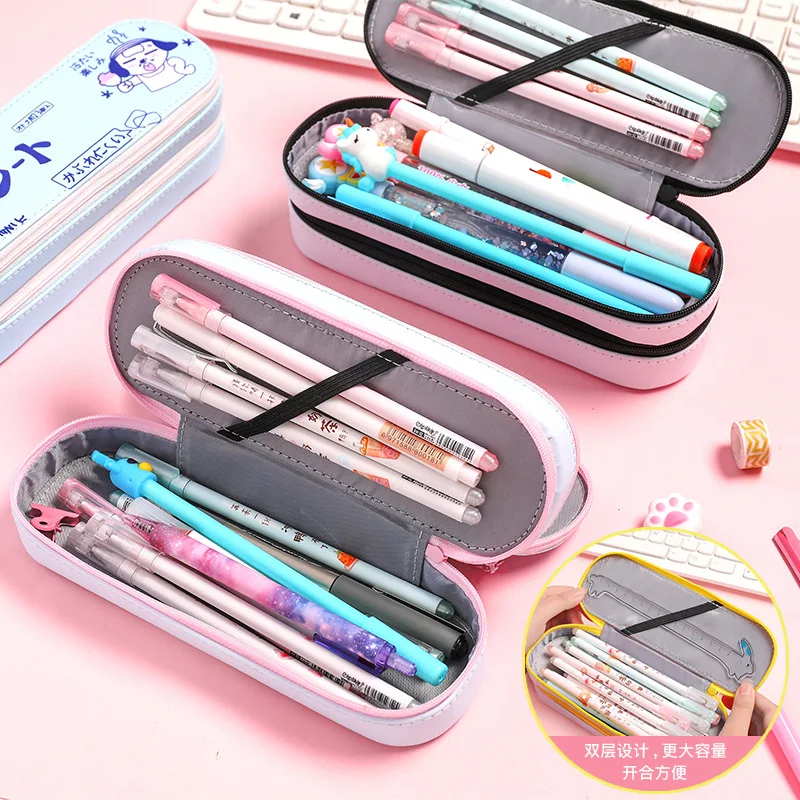 Kawaii мультяшный портативный двухслойный PU пенал большая емкость косметичка для