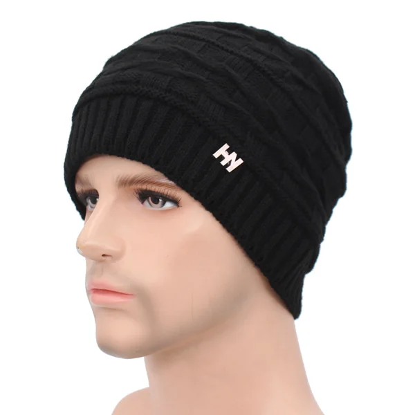 black Брендовые зимние вязанные шапочки Skullies Beanies мужские зимние шапки для мужчин женская шапка-маска теплая Толстая Мужская однотонная зимняя шапка - Цвет: black