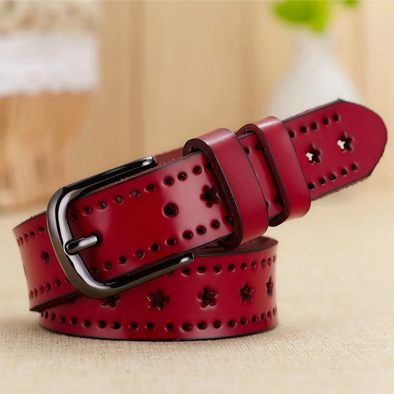 

Genuine Leather Belts for Women Second Layer Cowskin Woman Belt Vintage Pin Buckle Strap Jeans Stars Hollow High Quality Belt