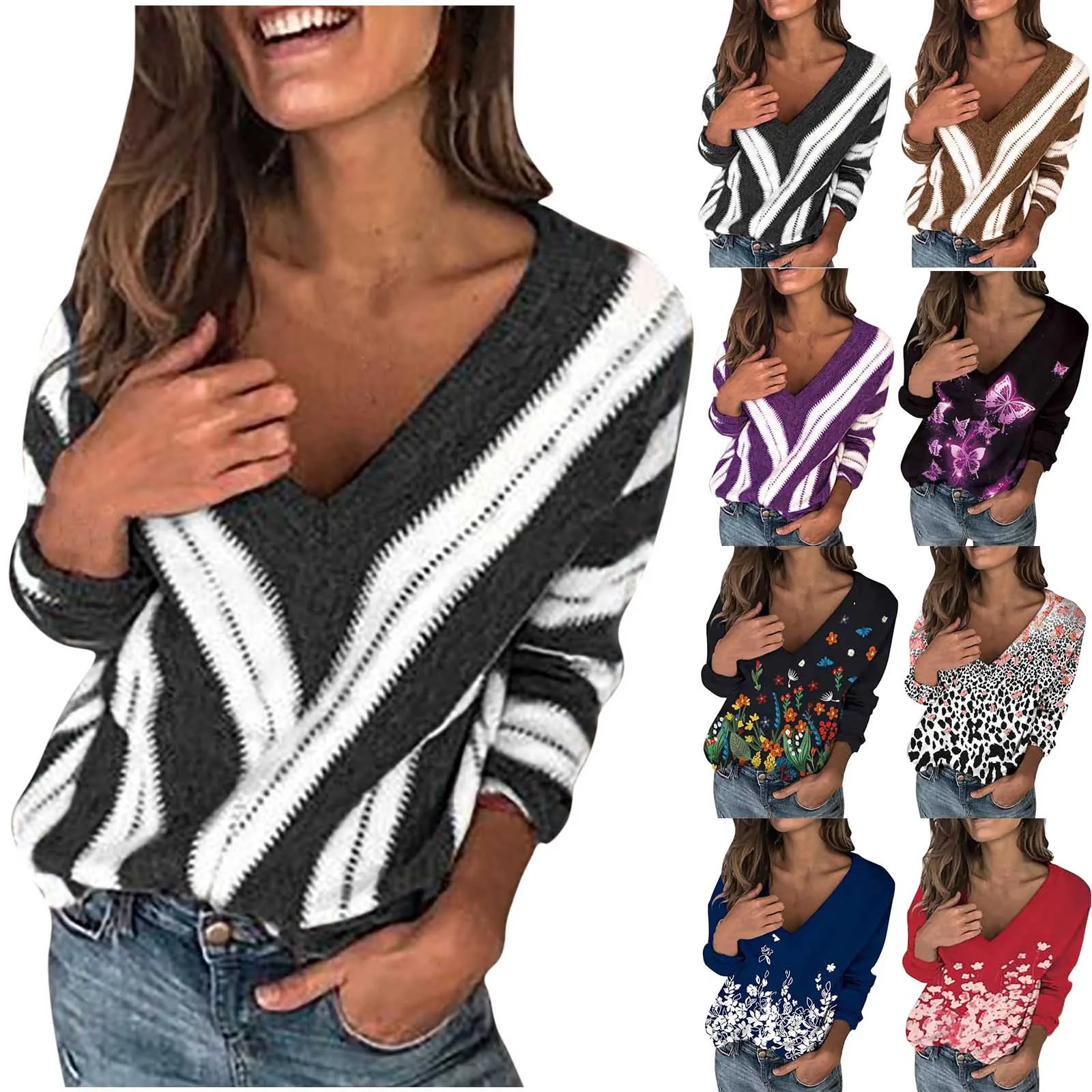 

T-shirts 2021 Fashion Woman V-neck Long Sleeve T-shirt Autumn Printing Blouse Tops Pullover Casual Streetwear Female Blusas