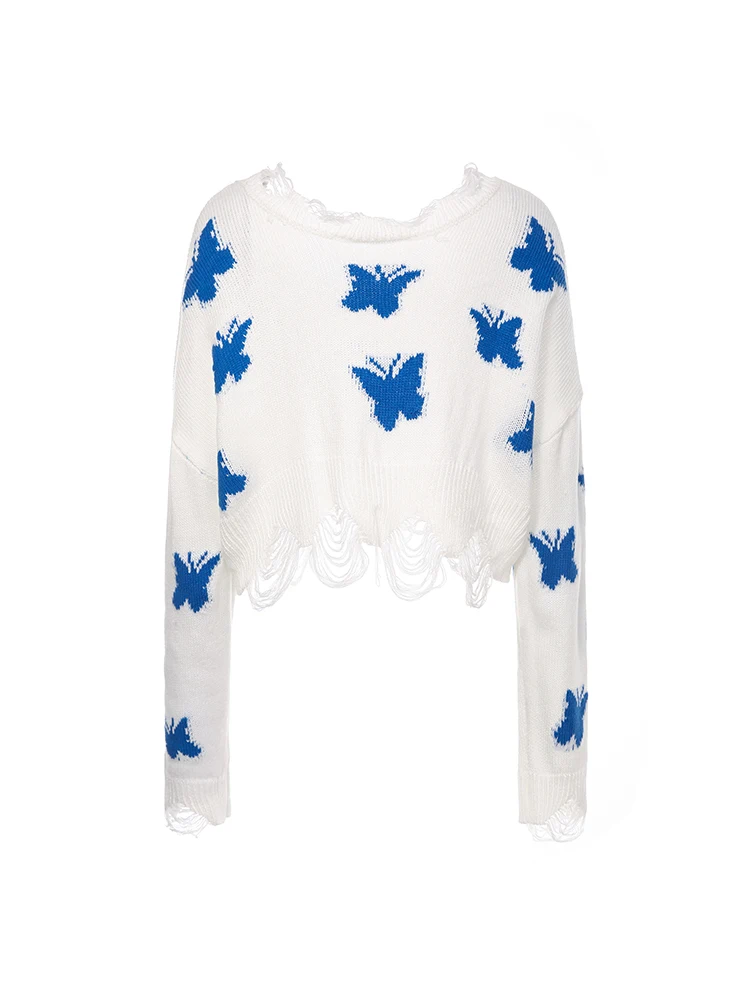 

Women's Sweater Autumn Winter Short Sexy Cropped Sweater Long Sleeve Butterfly Pattern V-Neck Pullover Knitted Sweater Dropship