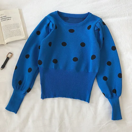 blue pullover Woherb, в горошек, с круглым вырезом, Длинные пуловеры с рукавами в форме фонаря, милый тонкий приталенный вязаный свитер для женщин, Осень-зима, модные Джемперы 91295 - Цвет: blue pullover