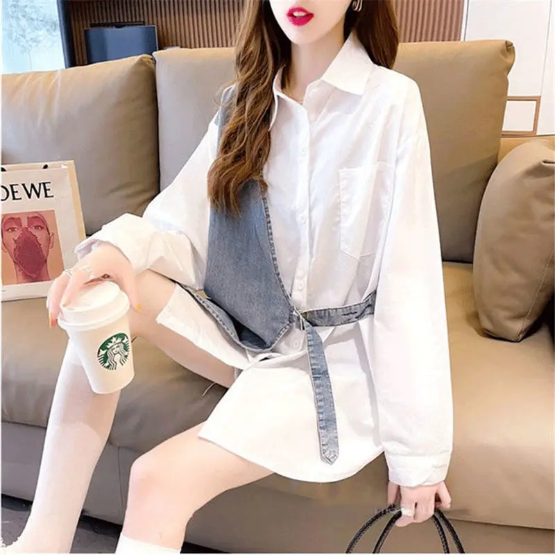 Женская комбинированная рубашка в ковбойском стиле свободная однобортная