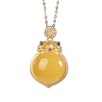 s925 sterling silver gold plated natural amber wax pendant retro personalized drop shaped womens necklace pendant