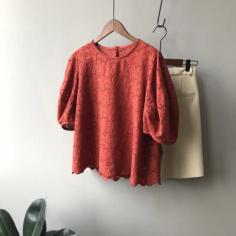 

ZAWAHIKI 2021 Summer Korean Elegant Fashion Women Shirt O-Neck Hollow Out Crochet Puff Sleeve Tops Half +sleeve Solid Blusas