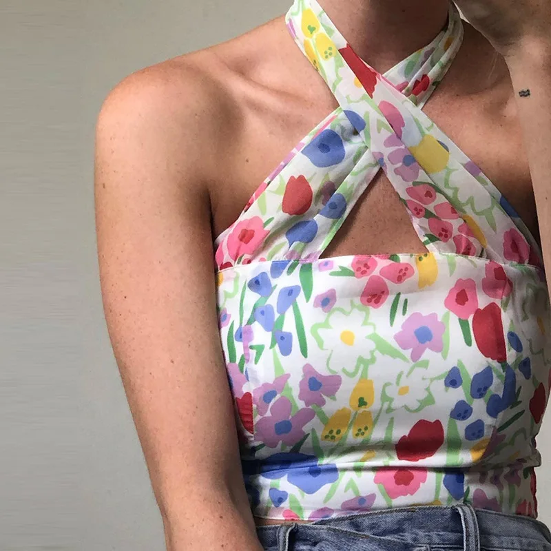 

Womens Floral Print Halter Criss Cross Backless Crop Top V Neck Bandage Cropped Tank Top Vest Croptop Party Club Streetwear