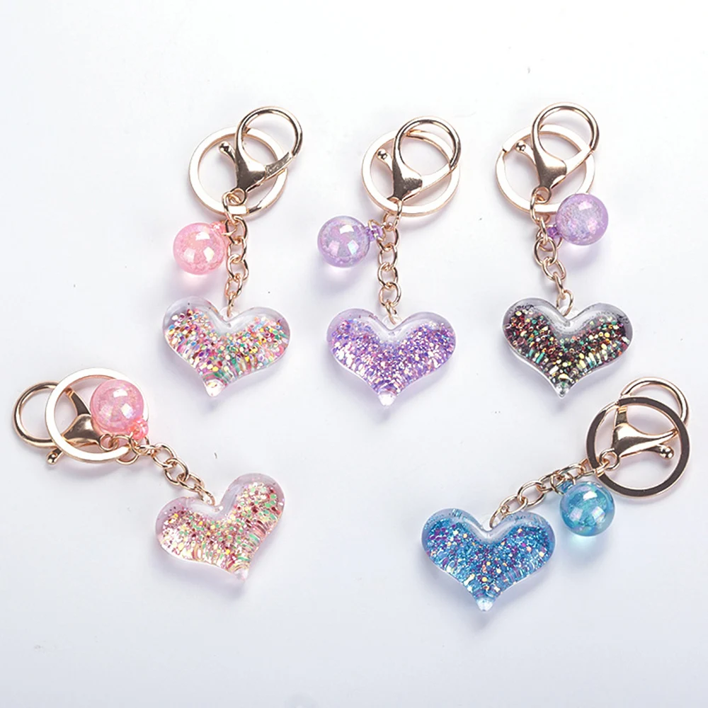 

Fashion Sequins Heart Keychain For Women Pendant Transparent Quicksand Sequin Key Chain PU Rope Lover Car Keychain Girl Gift