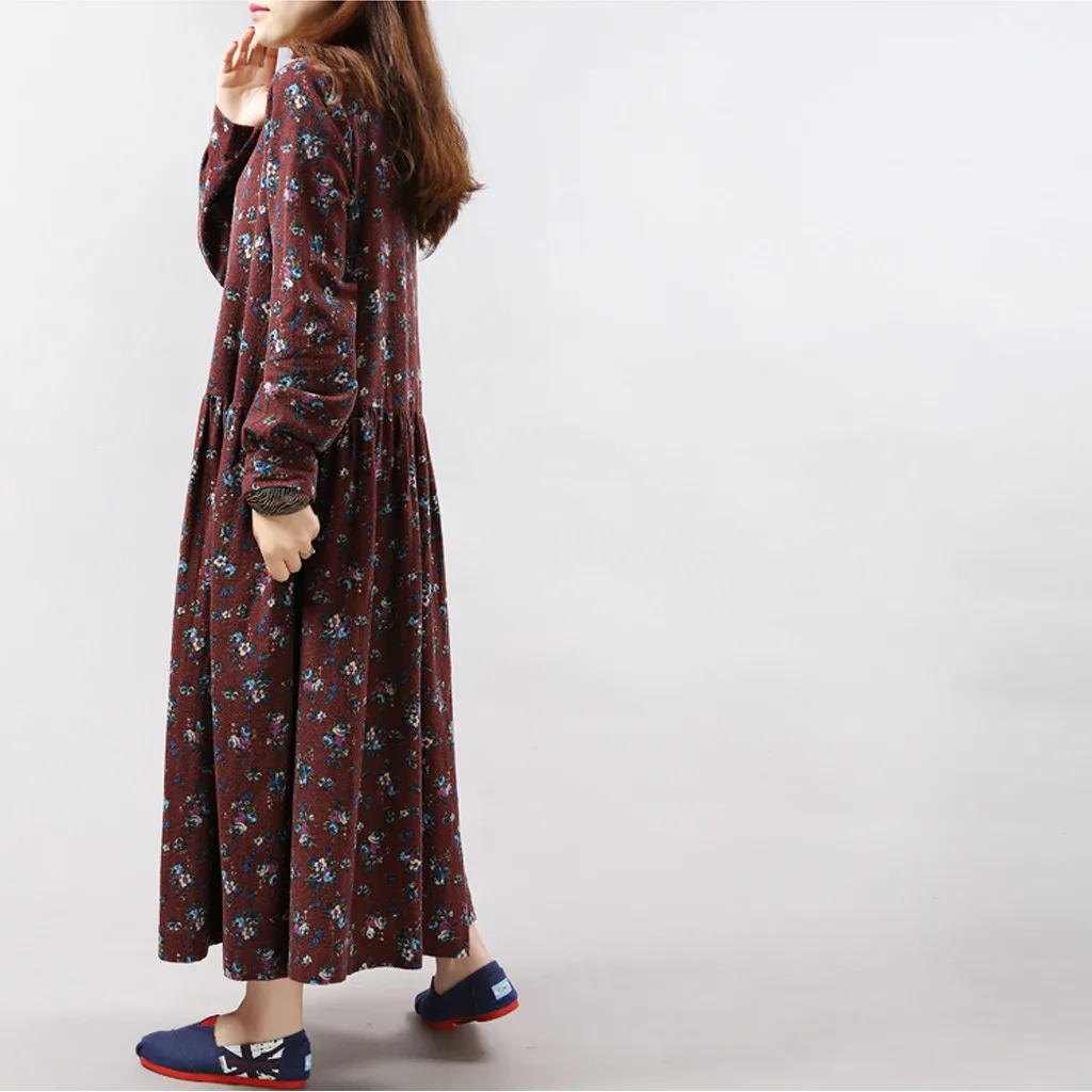 Женское модное повседневное льняное платье размера плюс с круглым вырезом и