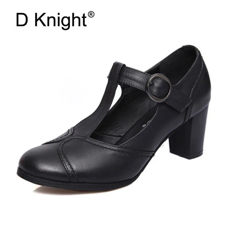 Big Size 41 Women Pumps Shoes Buckle T-Straps Chunky High Heels Woman Genuine Leather Ankle Office Ladies Pump | Обувь