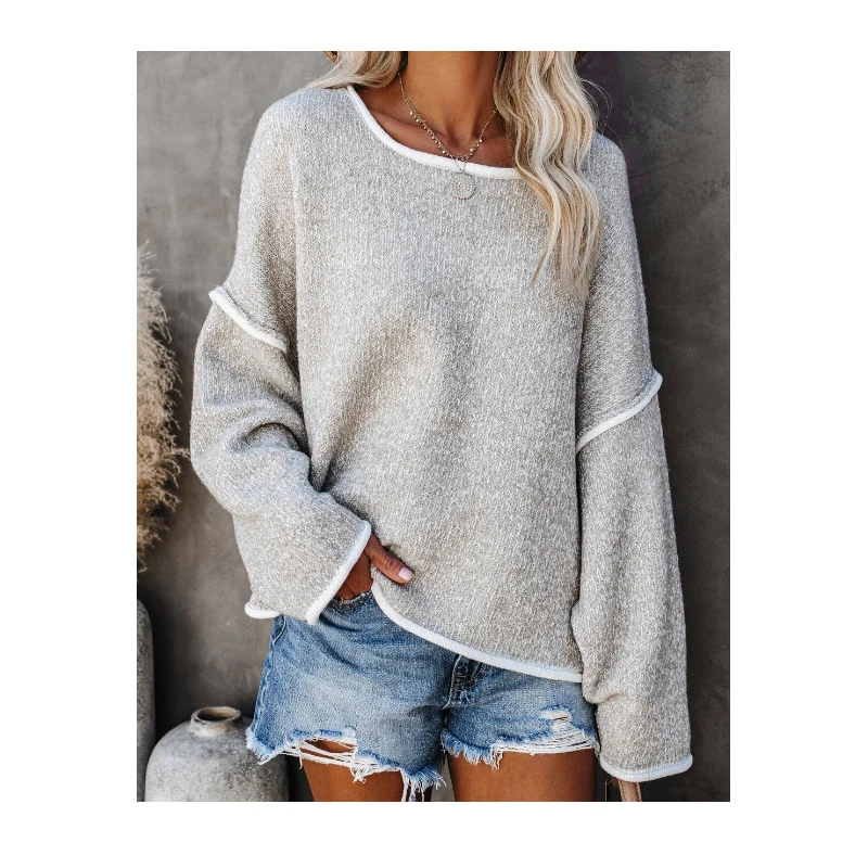 

Women Autumn Hot New Solid Color Stitching Long-Sleeved Sweater Top Casual Round Neck Loose Flared Sleeve Women's Sweater