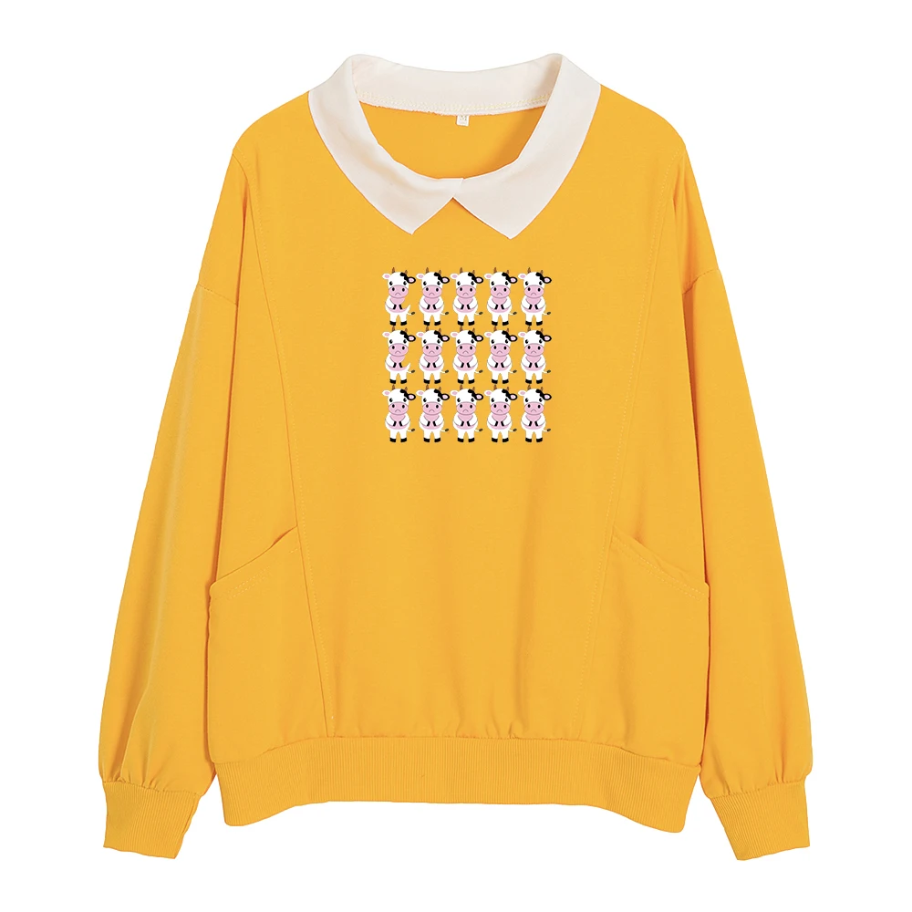 Pullover Tops Cute Turn-down Collar Sweetshirts Kawaii Hoodies Harajuku Cow Printed Women Autumn Full Sleeve Leisure Sweatshirts