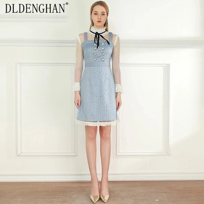 

DLDENGHAN Fashion Geometry Pattern Summer Dress Women's Long Sleeve Mesh Patchwork Beading Mini Dresses Designer New
