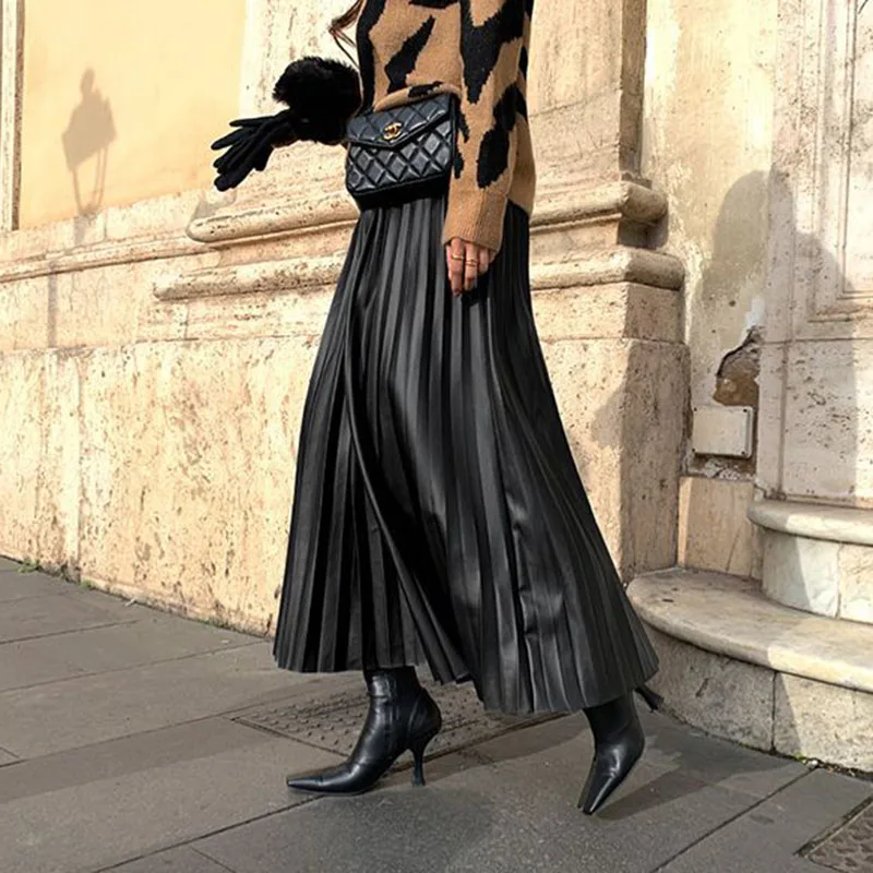 Женская Черная однотонная плиссированная юбка средней длины из искусственной