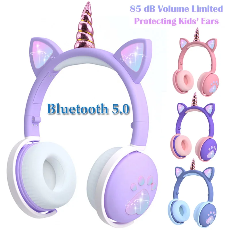 Tek boynuzlu at çocuklar Bluetooth kulaklık Led parlayan Stereo müzik kulaklık katlanabilir güvenli ses kulaklık erkek ve kız için hediyeler