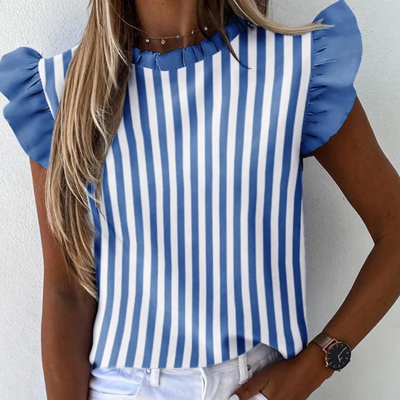 

Shirts Women Elegant Butterfly Short Sleeve Striped Print Women Blouse Shirt Casual Summer Spring Work Ruffle O Neck Tops Blusa